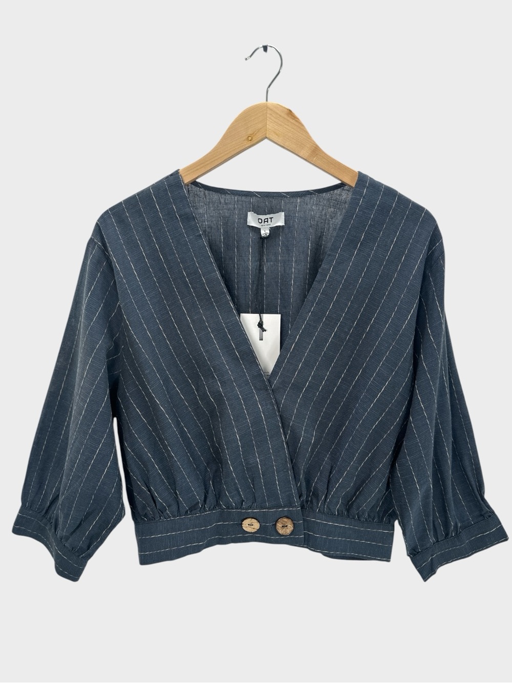 OAT Linen Blend Surplice Crop Top Blue Pinstripe Button Front 3/4 Sleeve Coastal